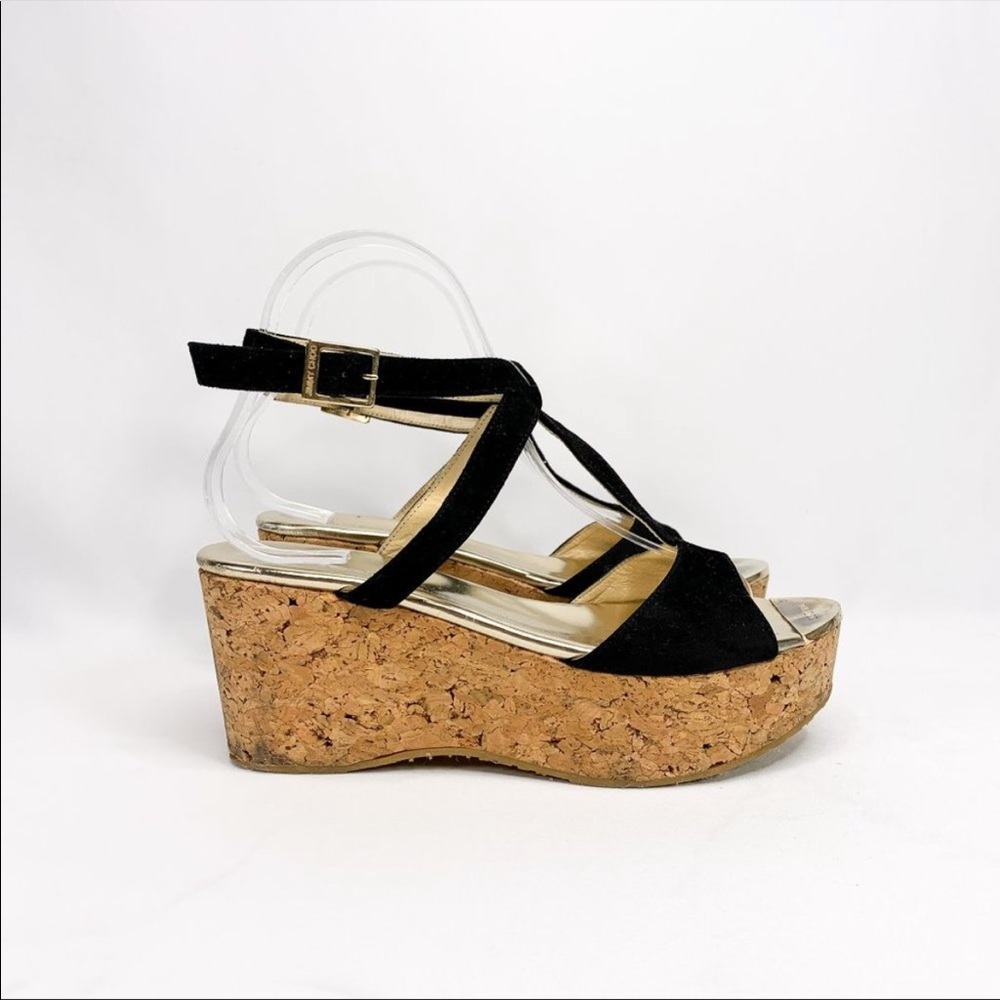 JIMMY CHOO Cork Wedges Gold Black Suede